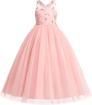 IDOPIP Embroidery Flower Girl Dress for Kids Wedding Pageant Formal Party Dresses Communion Bowknot Backless Maxi Tulle Gowns