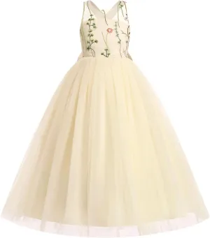 IDOPIP Embroidery Flower Girl Dress for Kids Wedding Pageant Formal Party Dresses Communion Bowknot Backless Maxi Tulle Gowns
