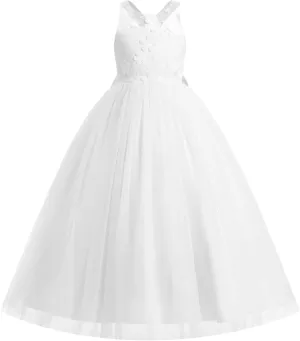 IDOPIP Embroidery Flower Girl Dress for Kids Wedding Pageant Formal Party Dresses Communion Bowknot Backless Maxi Tulle Gowns