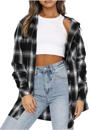 Jacket for Women Oversized Women's Plaid Coats Fall Light Flannel Shacket Plaid Jacket Loose Boyfriend Plaid Coat with Pockets Light Flannel Shirt Women Black