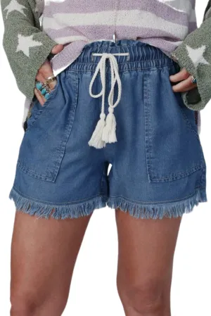 Jean Shorts for Women High Waisted Raw Hem Drawstring Elastic Waist Trendy Stretchy Denim Summer Shorts with Pocket