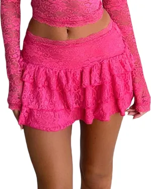 KMBANGI Women Cute Lace Mini Skirt Y2k Elastic Pleated Ruffle Floral Half Slip Underskirt Layered Flowy Short Skirts
