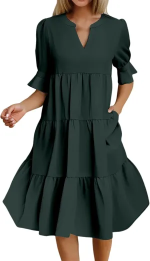 Kubbon Midi Dresses for Women Casual Short Puff Sleeve Summer Dress V Neck Flowy Tiered Boho Beach Dresses Sundresses