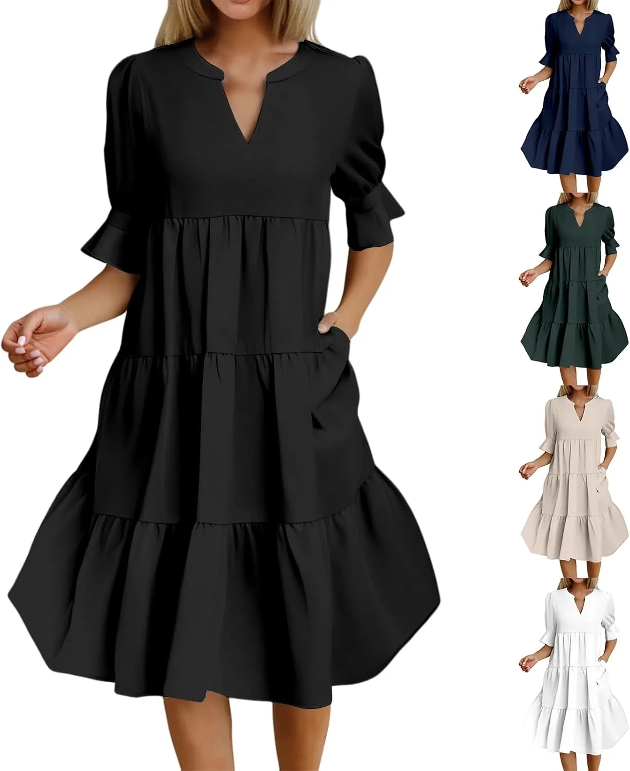 Kubbon Midi Dresses for Women Casual Short Puff Sleeve Summer Dress V Neck Flowy Tiered Boho Beach Dresses Sundresses