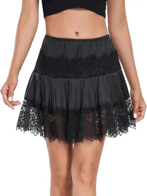 Lace Tiered Mini Skirts for Women Y2K Lace Slip Skirt Underskirt Summer Pleated Ruffle Flowy Short Skirts Streetwear