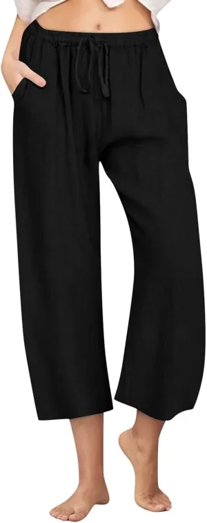 Linen Capri Pants for Women Summer Loose Elastic Drawstring Wide Leg Capri Pant Comfy Palazzo Trousers with Pockets