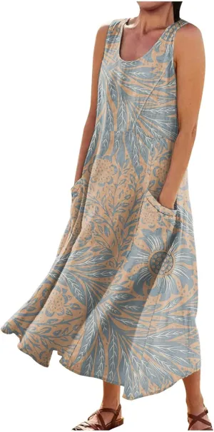Linen Dress for Women 2024 Summer Printed Sleeveless Maxi Dress Casual Tank Dress Flowy Long Dresses with Pockets