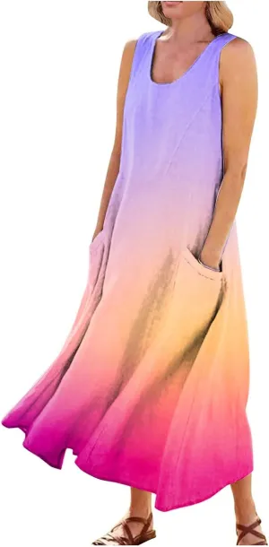 Linen Dress for Women Summer Flowy Tank Dress Printed Sleeveless Long Dress Casual Maxi Dresses with Pockets