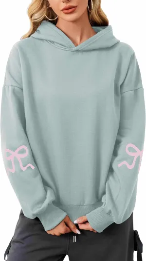 Livtany Women's Bow Trim Print Fleeced Hoodies Oversized Long Sleeve Hooded Sweatshirts Graphic Drop Shoulder Pullover Top