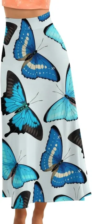 Lovely Graceful Butterflies Thai Style Maxi Skirts High Waist Invisible Zip Ruffled Flowy Ethnic Skirts