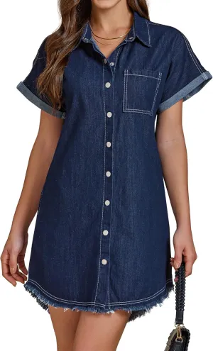luvamia Denim Dress for Women Button Down Short Sleeves Casual Summer Jean Shirt Dresses with Pockets Frayed Hem