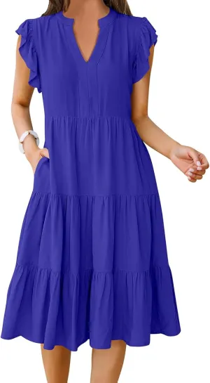 Maxi Dresses for Women 2025 Sundress Ruffle Sleeve V Neck Dress Ruched Elegant Swing Dress with Pocket