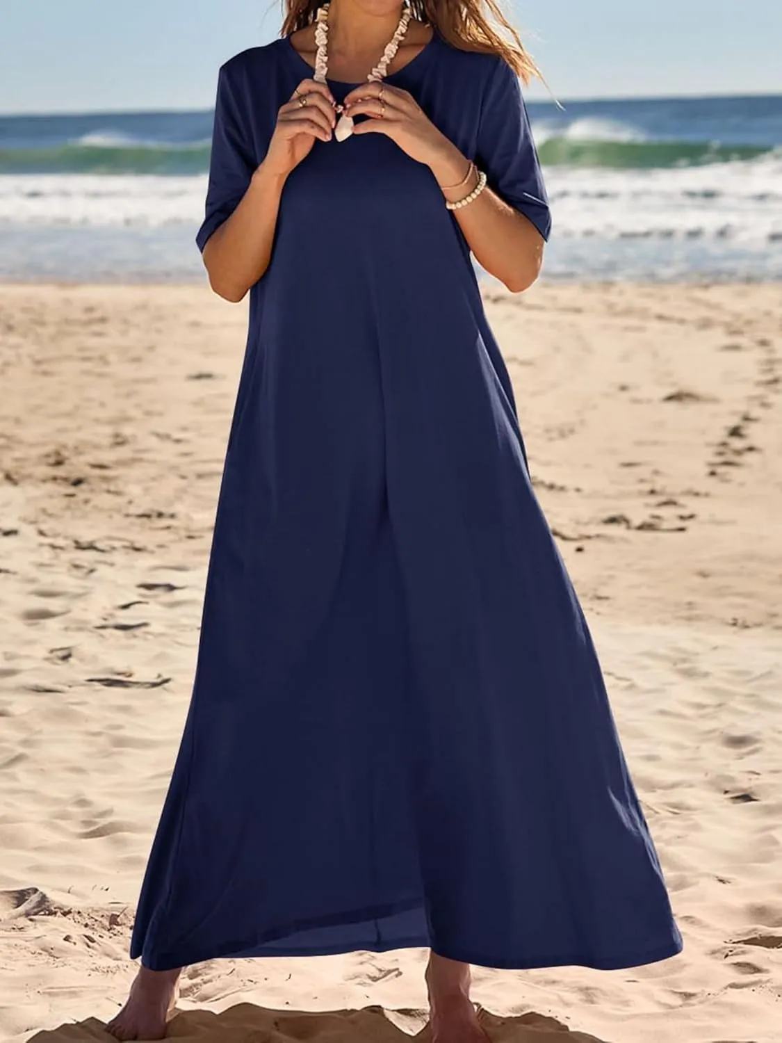 Maxi Dressess for Women Summer Crewneck Short Sleeve Maxi Dress Casual Dressy Flowy Flutter Ruffle Hem Dress 2025