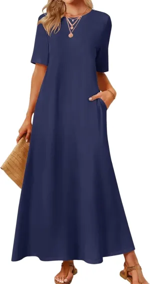 Maxi Dressess for Women Summer Crewneck Short Sleeve Maxi Dress Casual Dressy Flowy Flutter Ruffle Hem Dress 2025