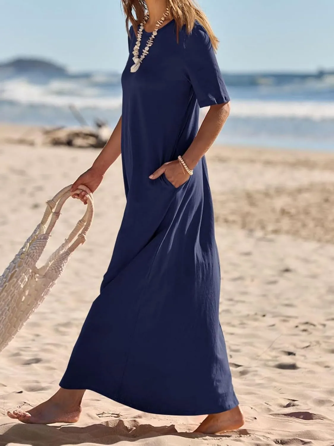 Maxi Dressess for Women Summer Crewneck Short Sleeve Maxi Dress Casual Dressy Flowy Flutter Ruffle Hem Dress 2025