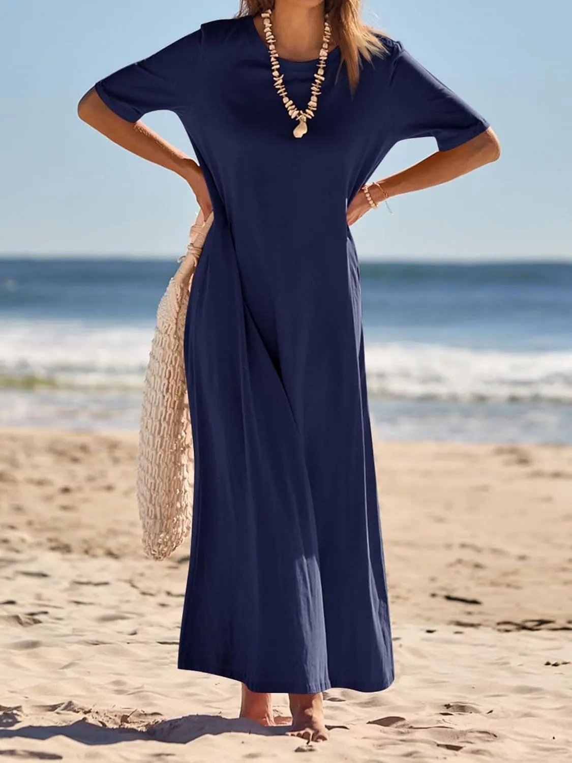 Maxi Dressess for Women Summer Crewneck Short Sleeve Maxi Dress Casual Dressy Flowy Flutter Ruffle Hem Dress 2025