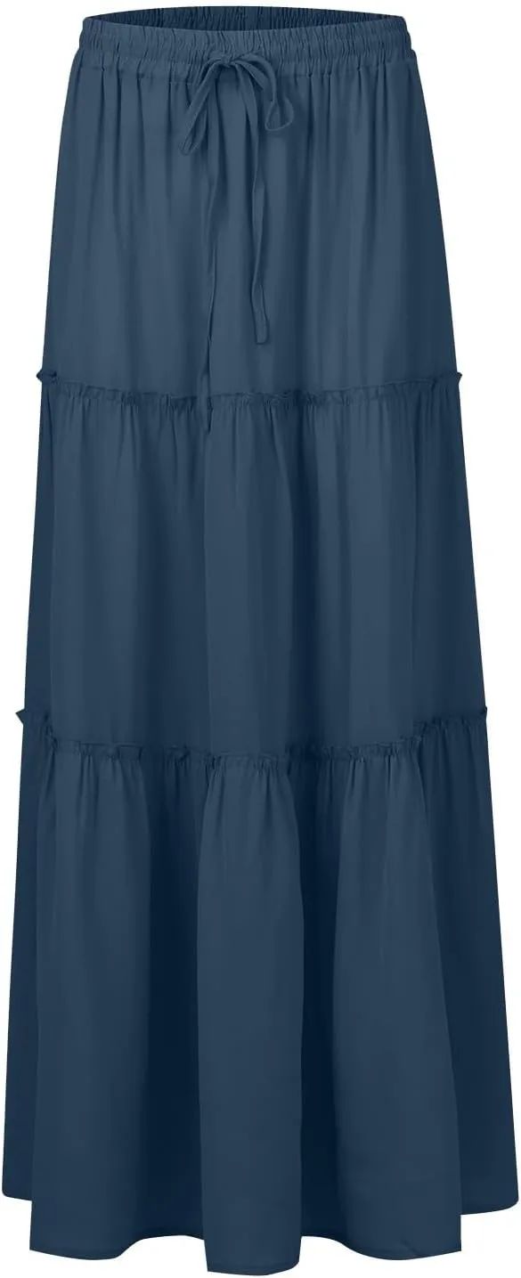 Maxi Skirt for Women 2025 Casual Summer Tiered High Waisted Skirts Pleated Aline Skirt Dressy Long Skirts with Pockets
