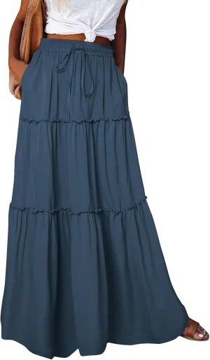 Maxi Skirt for Women 2025 Casual Summer Tiered High Waisted Skirts Pleated Aline Skirt Dressy Long Skirts with Pockets