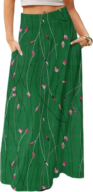 Maxi Skirts for Women Ankle Length Skirt High Waisted Summer Floral Printed Bohemian Casual Long Skirts with Pockets