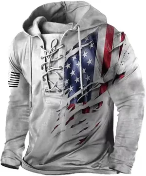 Men's American Flag Graphic Hoodies Outdoor Military Tactical Lace Up Hooded Sweatshirts Distressed Retro Pullover