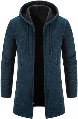 Mens Cardigan Sweater Winter Fleece Loose Long Sleeve Knitted Cardigan Warm Solid Hooded Sweater Jacket with Pockets