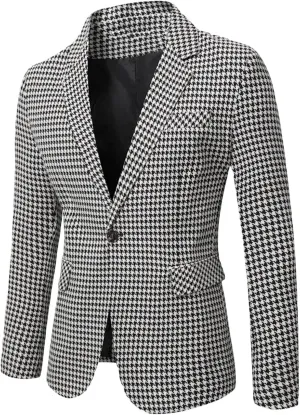 Mens Premium Houndstooth Dogstooth Plaid Suit Jacket Slim Fit One Button Sport Coats Tuxedo for Prom Wedding Groom Black