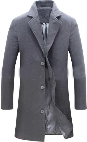 Mens Slim Fit Trench Coat Notched Collar Overcoats Single Breasted Pea Coat Warm Fall Winter Soft Overcoat for Men