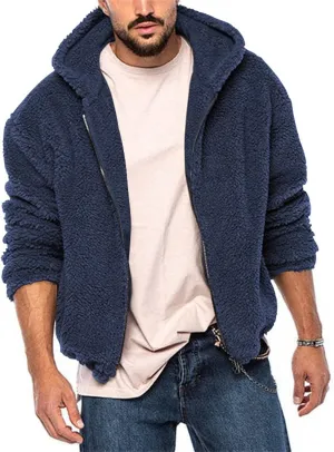 Mens Solid Color Hooded Plush Jacket Thicken Lined with Zipper Fuzzy Sherpa Sweatshirt Long Sleeve Soft Fleece Jackets