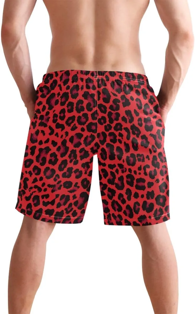 Mens Swim Trunks Leopard Beach Board Shorts Quick Dry Swim Shorts with Pockets