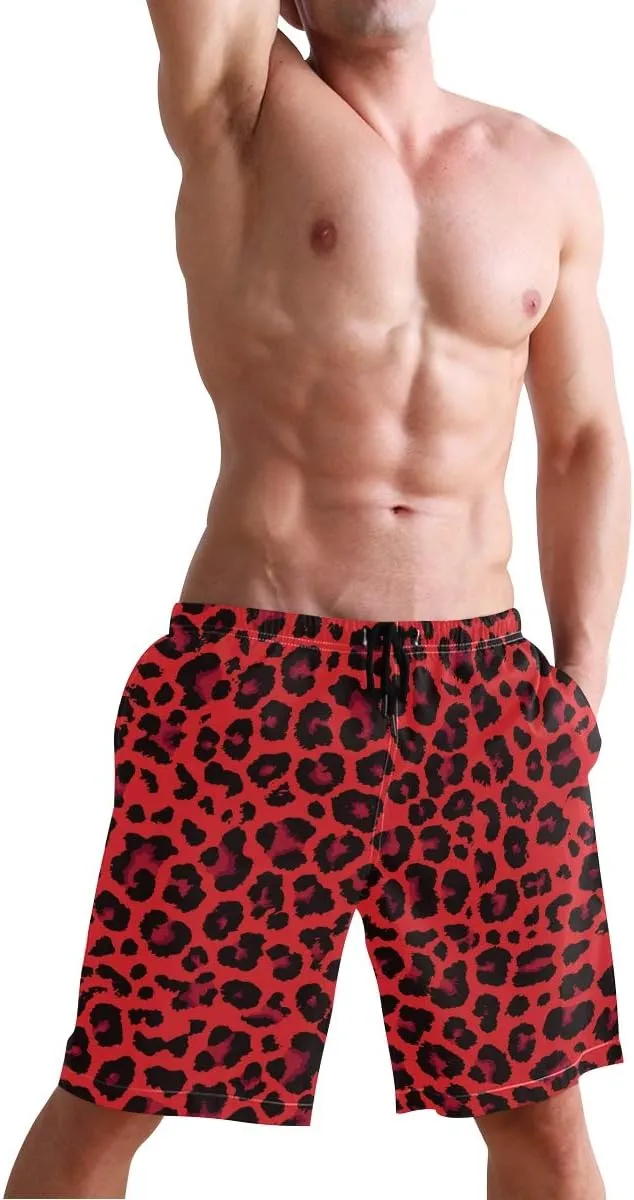 Mens Swim Trunks Leopard Beach Board Shorts Quick Dry Swim Shorts with Pockets