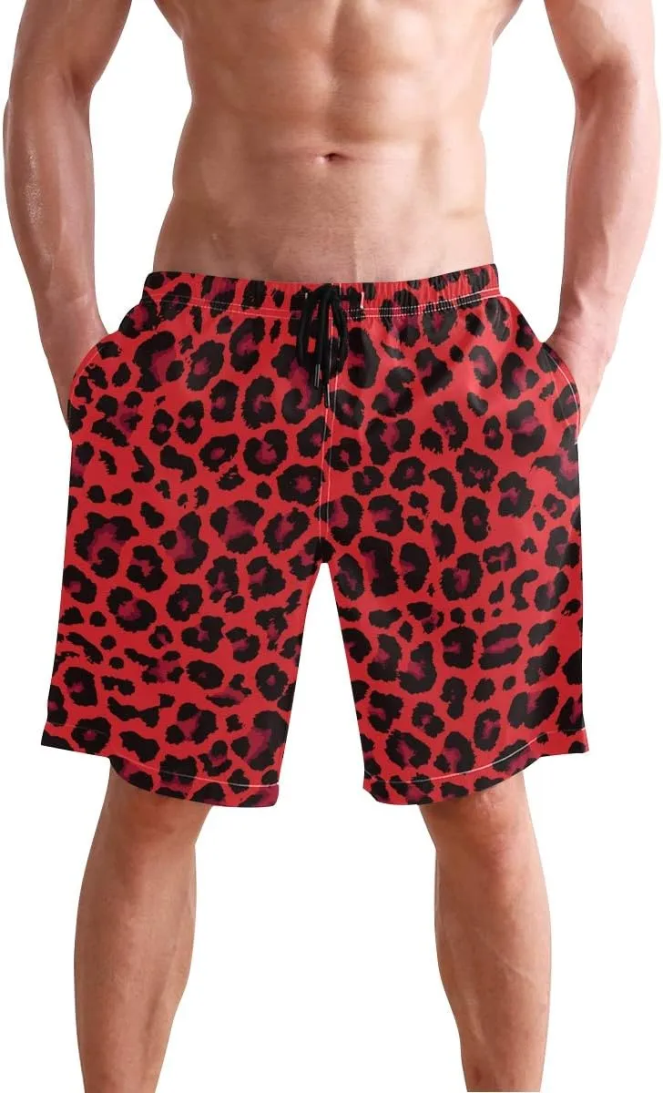 Mens Swim Trunks Leopard Beach Board Shorts Quick Dry Swim Shorts with Pockets