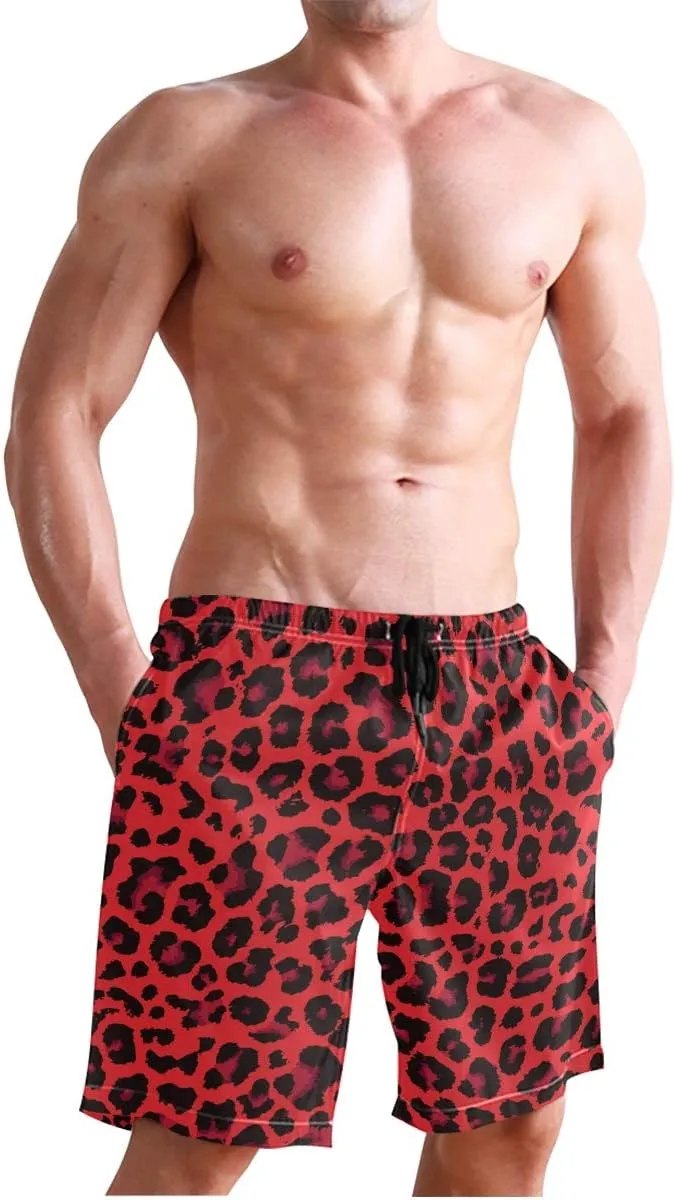 Mens Swim Trunks Leopard Beach Board Shorts Quick Dry Swim Shorts with Pockets