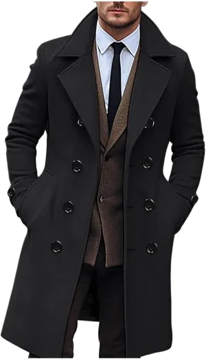 Men's Woolen Trench Coat Winter Warm Double Breasted Notch Lapel Slim Fit Long Coat Fashion Outdoor Overcoat Jackets