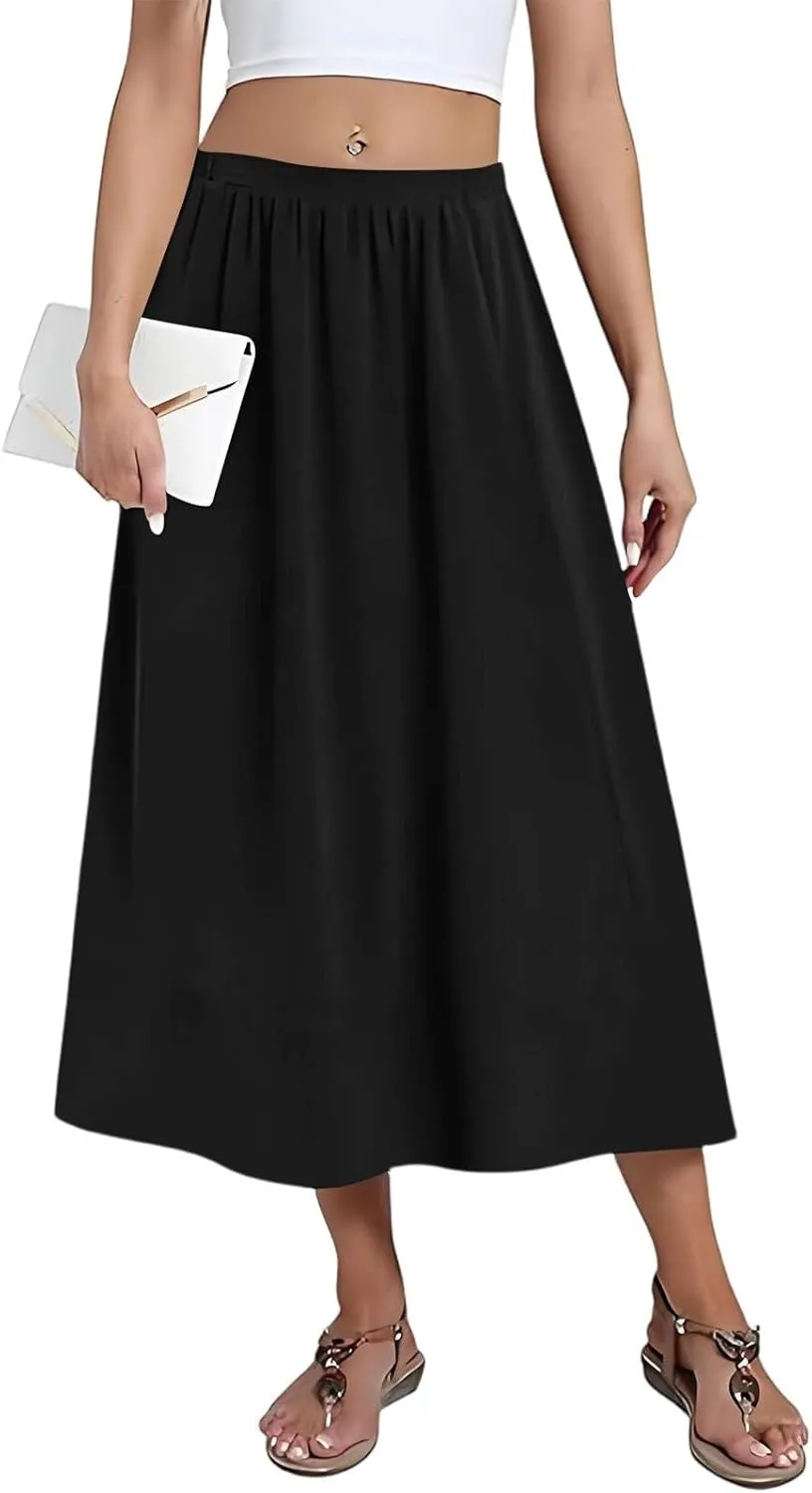 Midi Boho Floral Skirts for Women Trendy High Elastic Waist Comfy Flowy A Line Skirt Skorts with Pockets