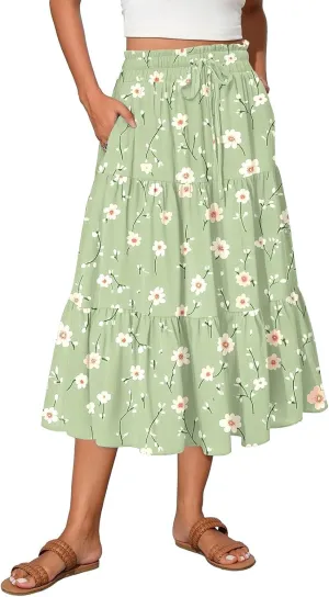 Midi Boho Floral Skirts for Women Trendy Tiered Comfy Flowy A Line Skirt Drawstring High Elastic Waist Skorts with Pockets
