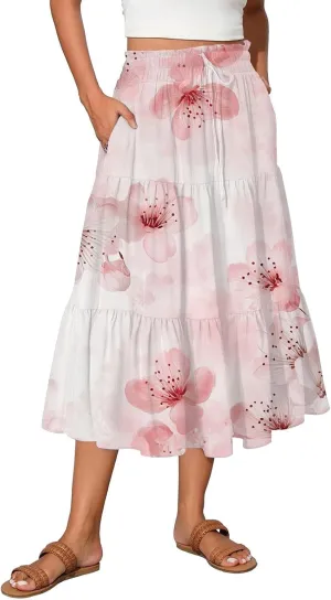 Midi Boho Floral Skirts for Women Trendy Tiered Drawstring High Elastic Waist A Line Skirt Comfy Flowy Skorts with Pockets