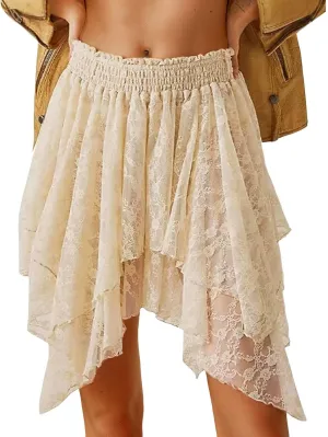 Mini Black Skirt for Women Y2K Lace Tiered A-Line Low Rise Ruffles Pleated Lace Trim Flowy Skirts with Slip Underskirt