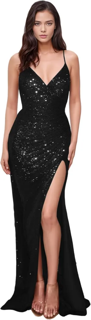 MisShow Sparkly Sequin Prom Dresses for Women Sexy V-Neck Side Slit Evening Gown Cocktail Party Long Dresses