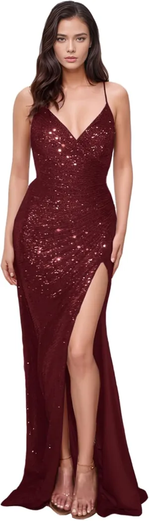 MisShow Sparkly Sequin Prom Dresses for Women Sexy V-Neck Side Slit Evening Gown Cocktail Party Long Dresses