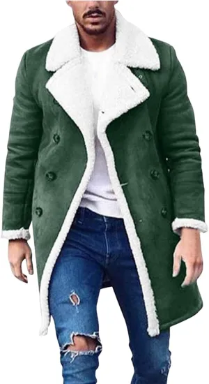 Mmoneyake Men's Shearling Leather Coat Faux Suede Sherpa Lined Sheepskin Jacket Fur Collar Long Trench Coats Soft Overcoat