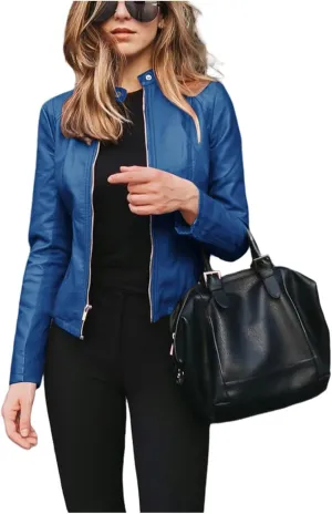 Motorcycle Faux Leather Jacket Women Moto Biker Short Coat Jacket Long Sleeve Zip Up Jackets Slim Fit Biker Outwear