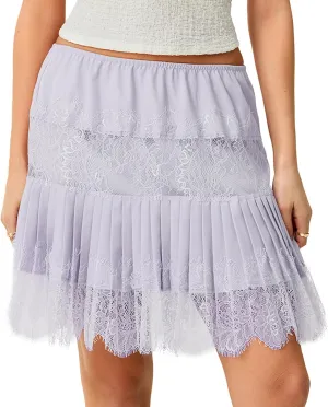 Muineobuka Lace Slip Skirts for Women Y2K Low Waist Lace Pleated Ruffle Hem Short Skirts Layered Flowy Underskirt Streetwear