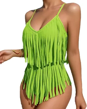 NATHGAM Women One Piece Fringe Swimsuit Tummy Control Swimsuits Adjustable Strap High Cut Bathing Suit Full Coverage Swimwear