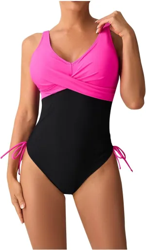 NATHGAM Women Tummy Control One Piece Swimsuit Tie Side Color Block Full Coverage Bathing Suit High Cut Slimming Swimwear