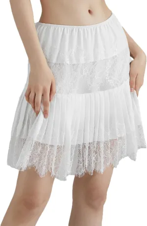 Nituyy Women Lace Slip Skirts Y2K Pleated Ruffle Half Slip Underskirt Mini Skirt Layered Flowy Short Skirts Shirt Extender