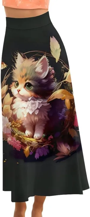 Novelty Little Cat Thai Style Maxi Skirts High Waist Hidden Zipper Ruffled Bohemia Office Skirts