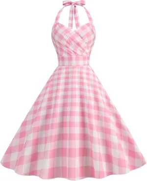 Pink Plaid Dress - Women's Vintage 1950s Rockabilly Swing Wrap Pinup 50s Retro Costume Halter Dress