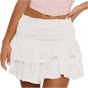 Pleated Mini Skirt for Women Summer Vacation Double Lace Ruffles Mid Elastic Waist Boha Beach Lace Sheer Mini Skirt