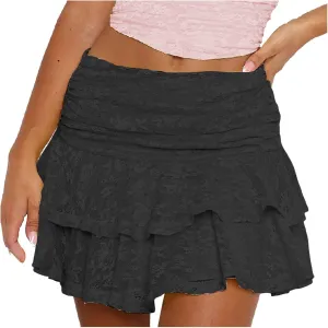 Pleated Mini Skirt for Women Summer Vacation Double Lace Ruffles Mid Elastic Waist Boha Beach Lace Sheer Mini Skirt