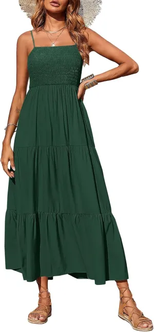 PRETTYGARDEN Women's Summer Maxi Dress 2025 Casual Boho Sleeveless Spaghetti Strap Smocked Tiered Long Beach Sundresses